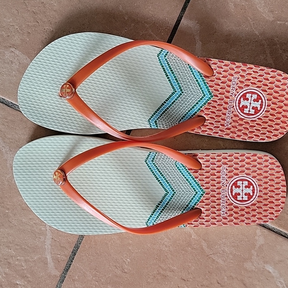 Tory Burch Flip Flops. Size 9. Gently Used. Orange/White. Great Condition